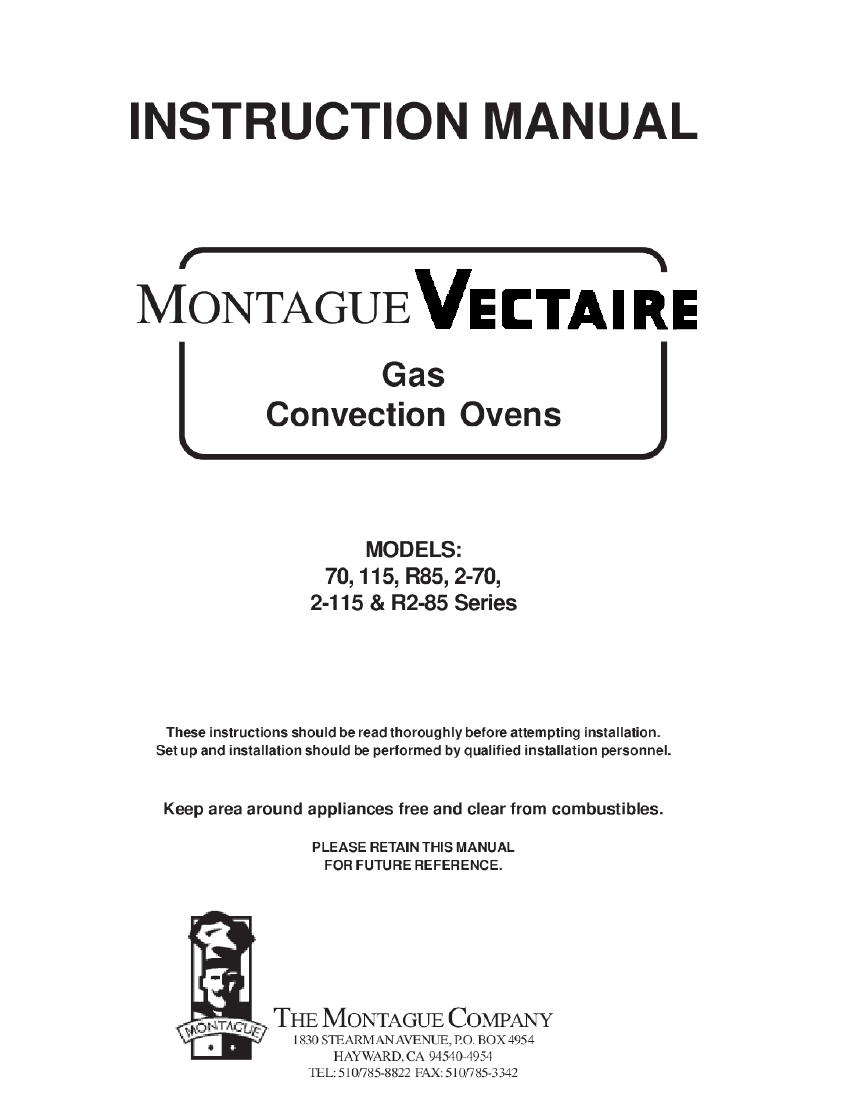Vectaire Gas Convection Ovens &mdash; 115, 2-115, 70, 2-70, R85, R2-85 &mdash; first page