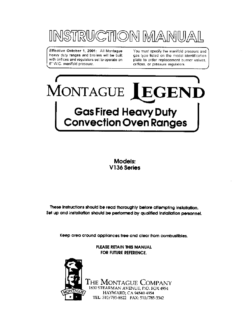 Heavy Duty Range Base Gas Convection Ovens &mdash; V136 &mdash; first page