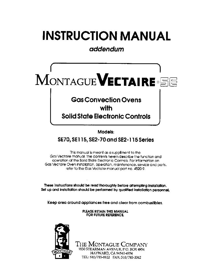 Vectaire Gas Convection Ovens (SSEC) &mdash; SE115, SE2-115, SE70, SE2-70, SER85, SER2-85 &mdash; first page