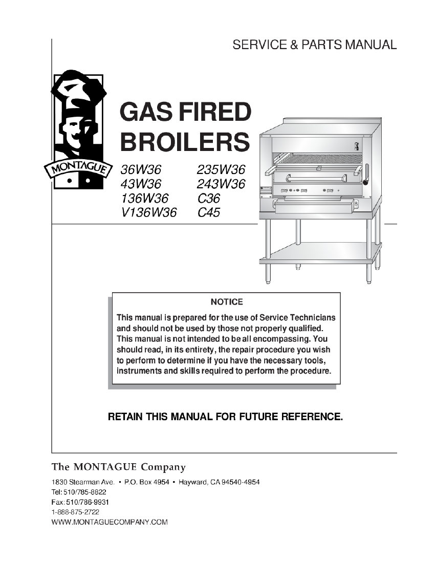 Gas Over-Fired Broilers &mdash; Service & Parts &mdash; C36, C45, 36W36, 43W36, 136W36, V136W36, 235W36, 243W36 &mdash; first page