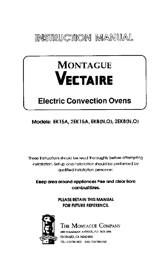 Vectaire Electric Convection Oven &mdash; Service & Parts &mdash; EK15A, 2EK15A, EK8, 2EK8 &mdash; first page